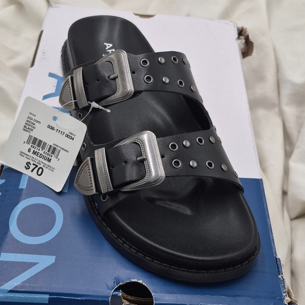 NEW Arizona Jean Co Montego Black Studded Western Double Buckle Slide Sandals 6M